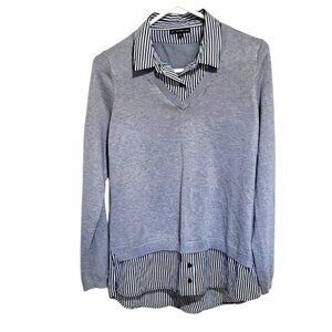 Adrianna Papell Layered Look Sweater Top W/ Striped Collar & Hem Gray/Navy Women